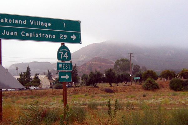 Highway 74 route sign toward San Juan Capistrano
